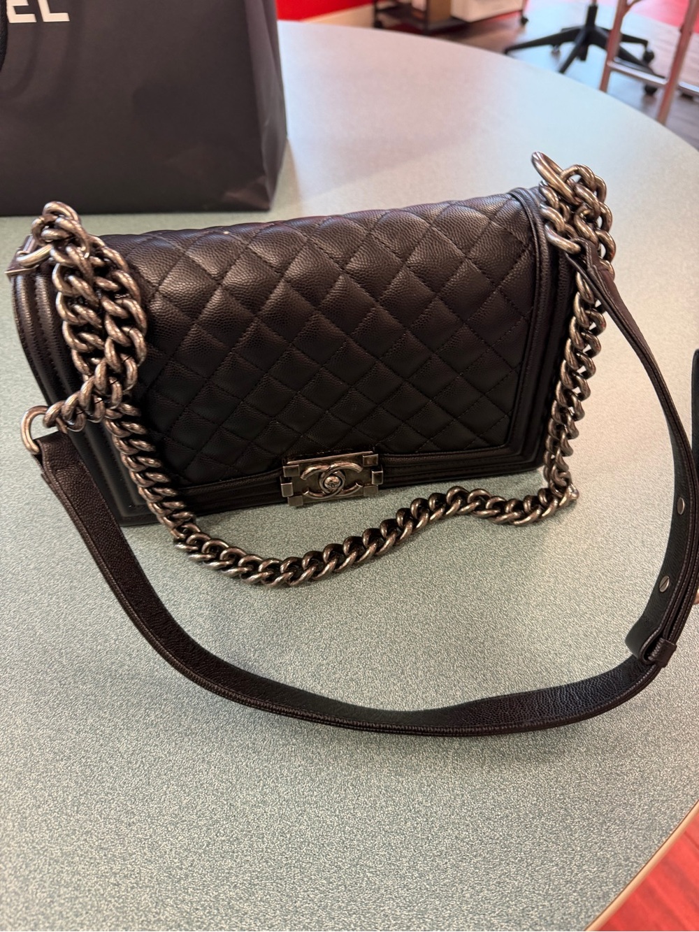 CHANEL Black Quilted Boy Shoulder Bag with Silver-Tone Chain